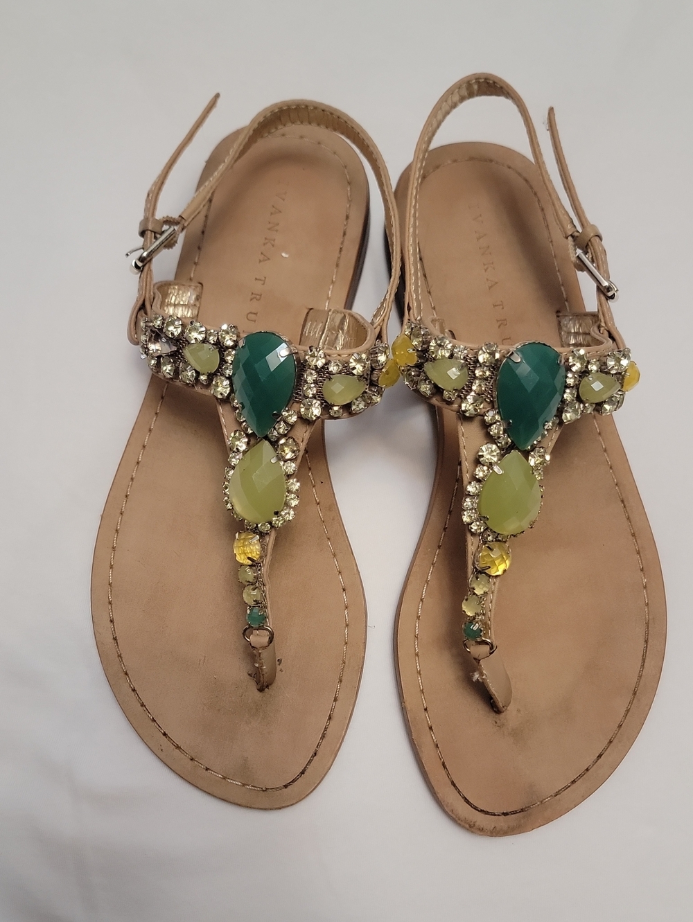 Ivanka Trump Beige T-Strap Sandals with Green and Yellow Gemstones